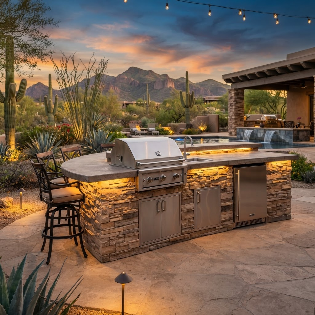 Outdoor kitchen with stacked stone island and built-in grill