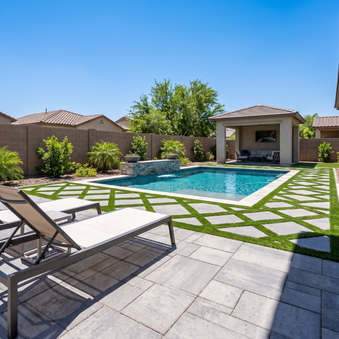 Arizona backyard with pool, paver-and-turf patio and covered ramada