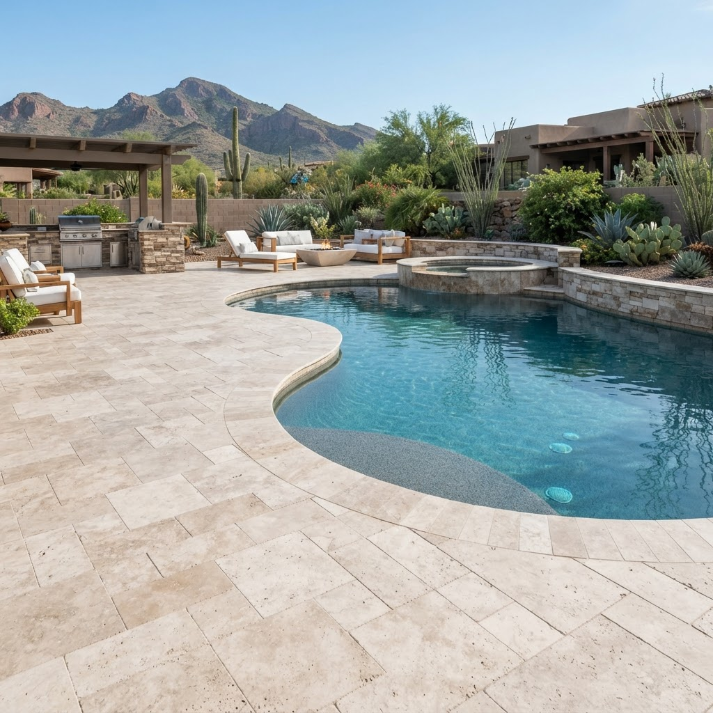 Travertine paver patio in Arizona backyard