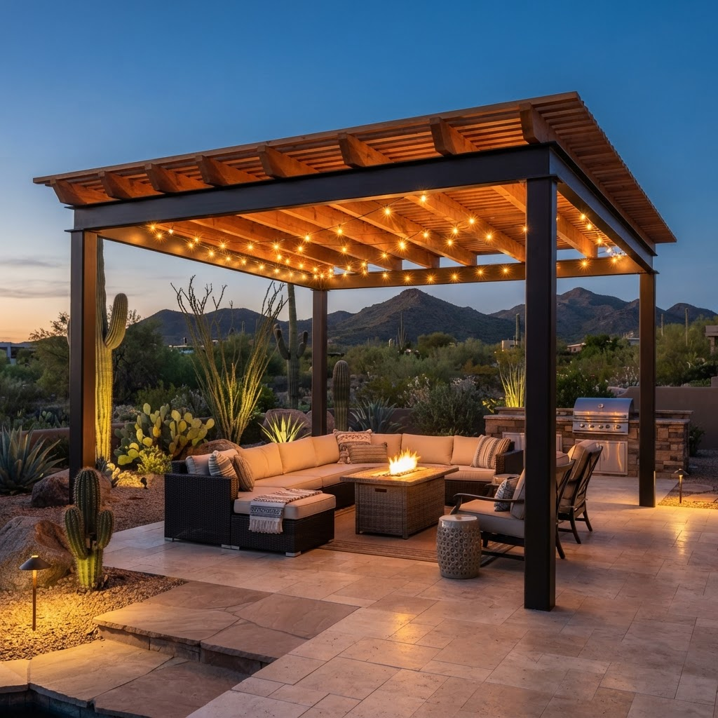 Wood and steel pergola over Arizona backyard patio