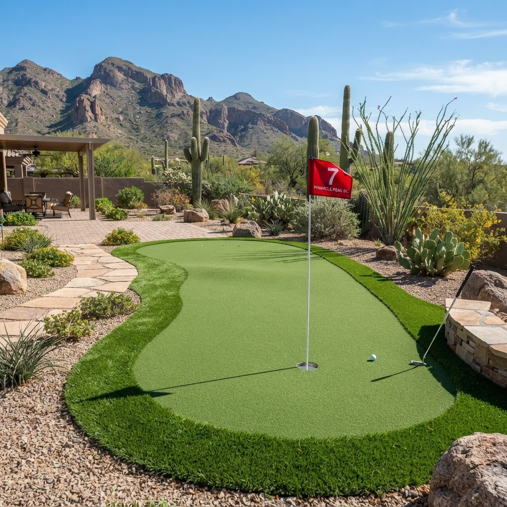 Artificial turf and putting green in Arizona backyard
